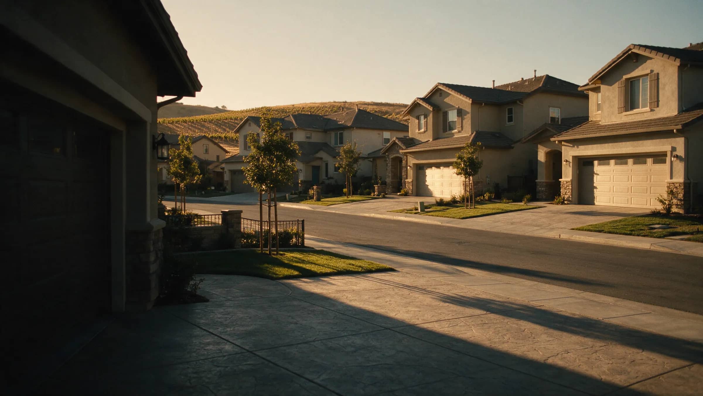A street of closed garage doors on the south side of Livermore at sundown, driveways empty, the dry gold hills standing at the end of the road and nobody in the frame.